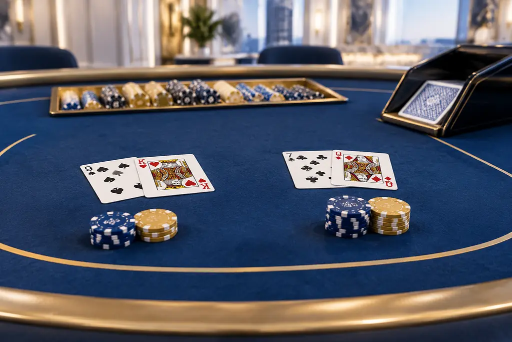Ilustrasi dua tangan kartu pada meja baccarat dengan chip dan sepatu kartu
