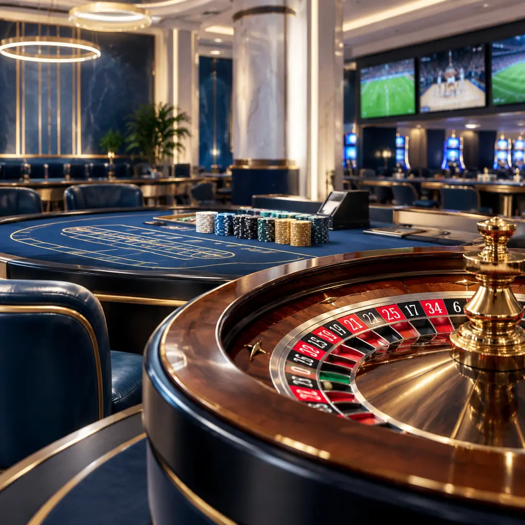 Ilustrasi kasino dengan meja roulette, kartu baccarat dan layar olahraga