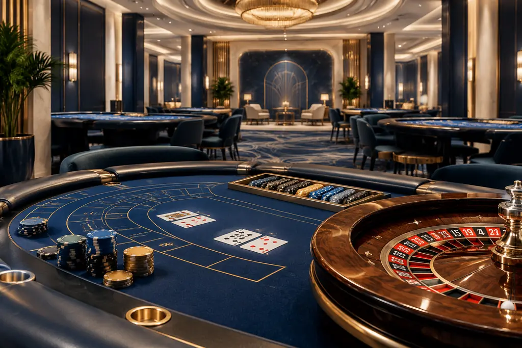 Ilustrasi ruang kasino dengan meja kartu dan roda roulette