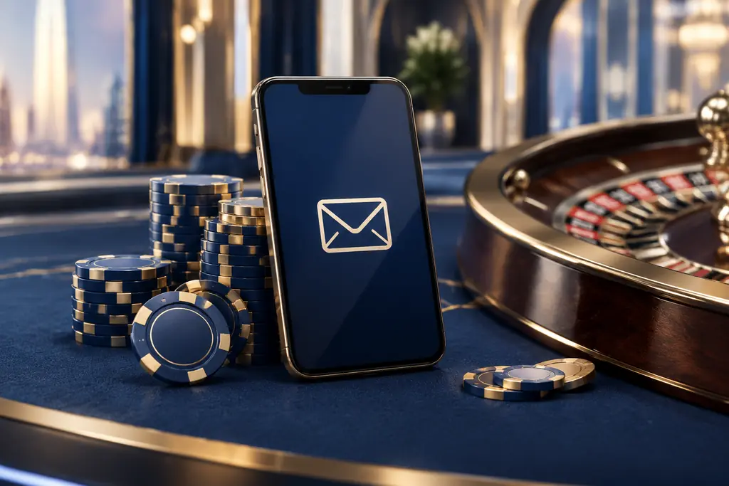 Ilustrasi simbol amplop pada ponsel di dekat chip dan roda roulette