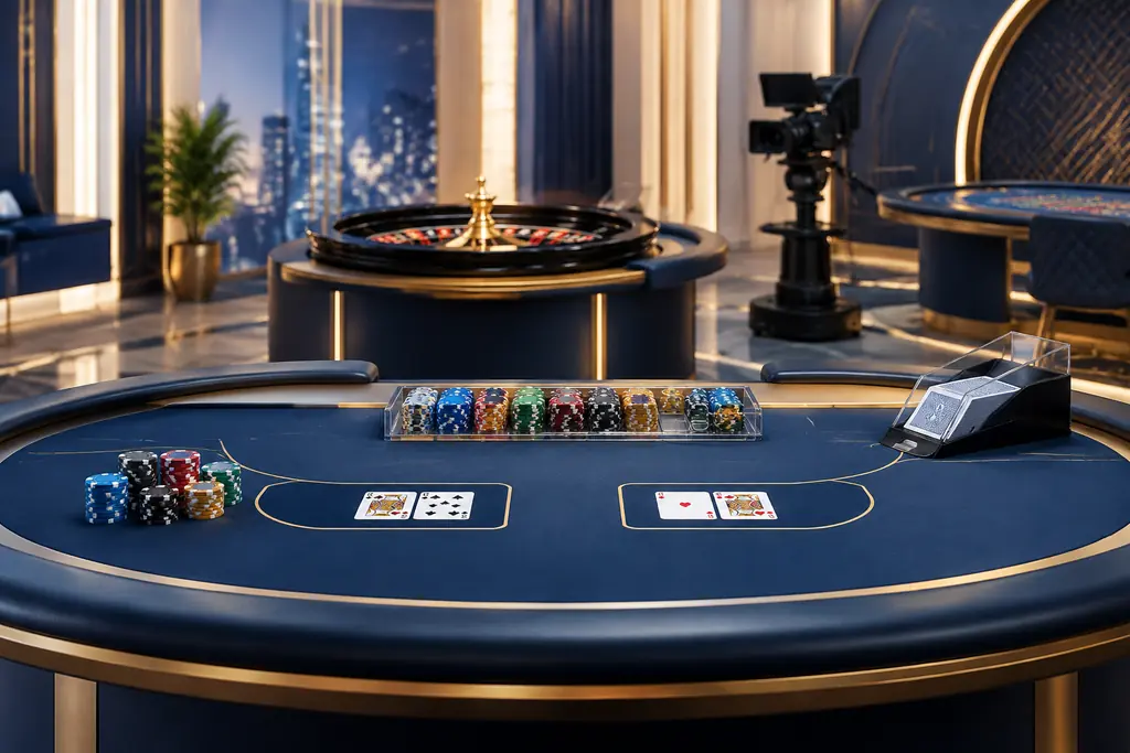 Ilustrasi studio meja baccarat dengan kamera siaran