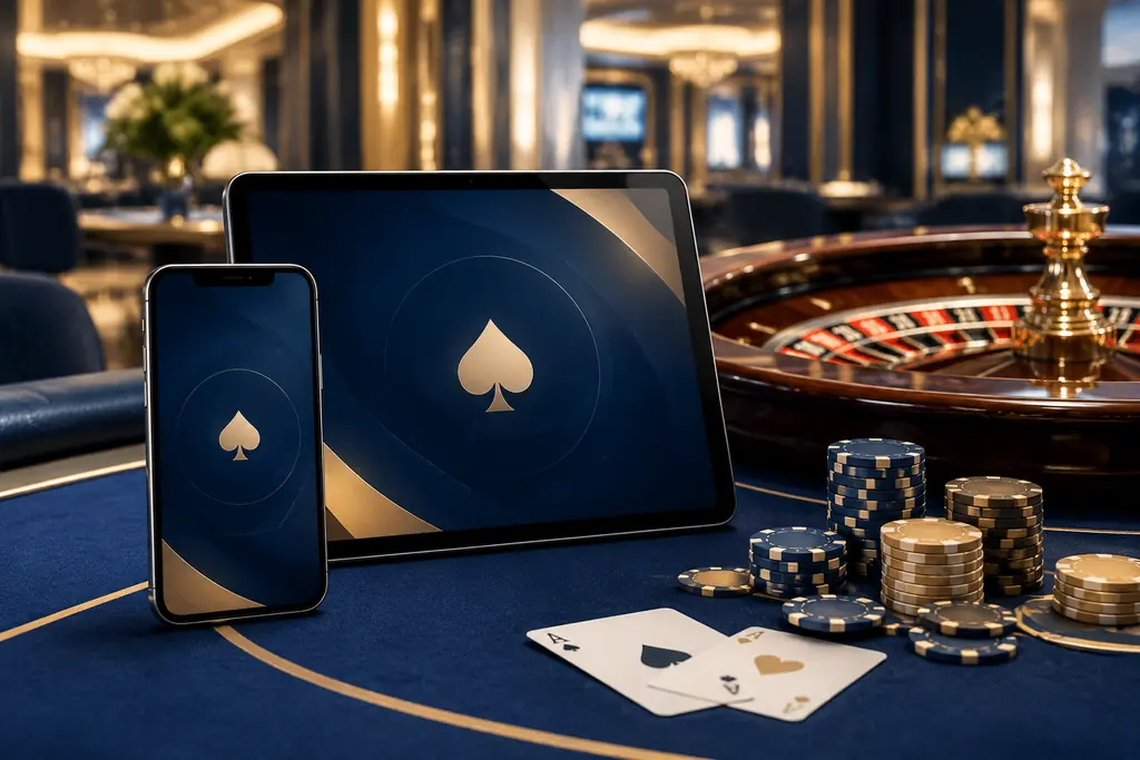 Ilustrasi ponsel dan tablet di dekat perlengkapan roulette