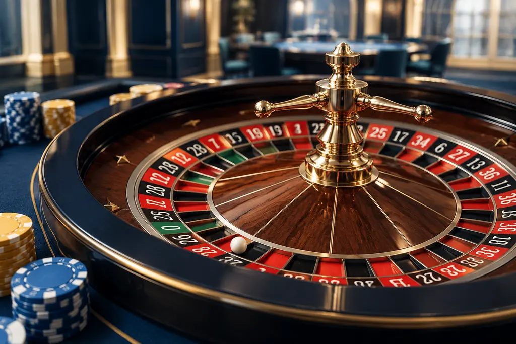 Ilustrasi roda roulette dan bola di meja kasino