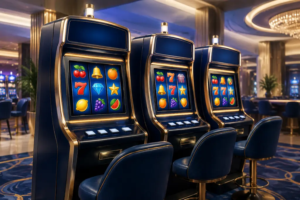 Ilustrasi deretan mesin slot dengan simbol abstrak