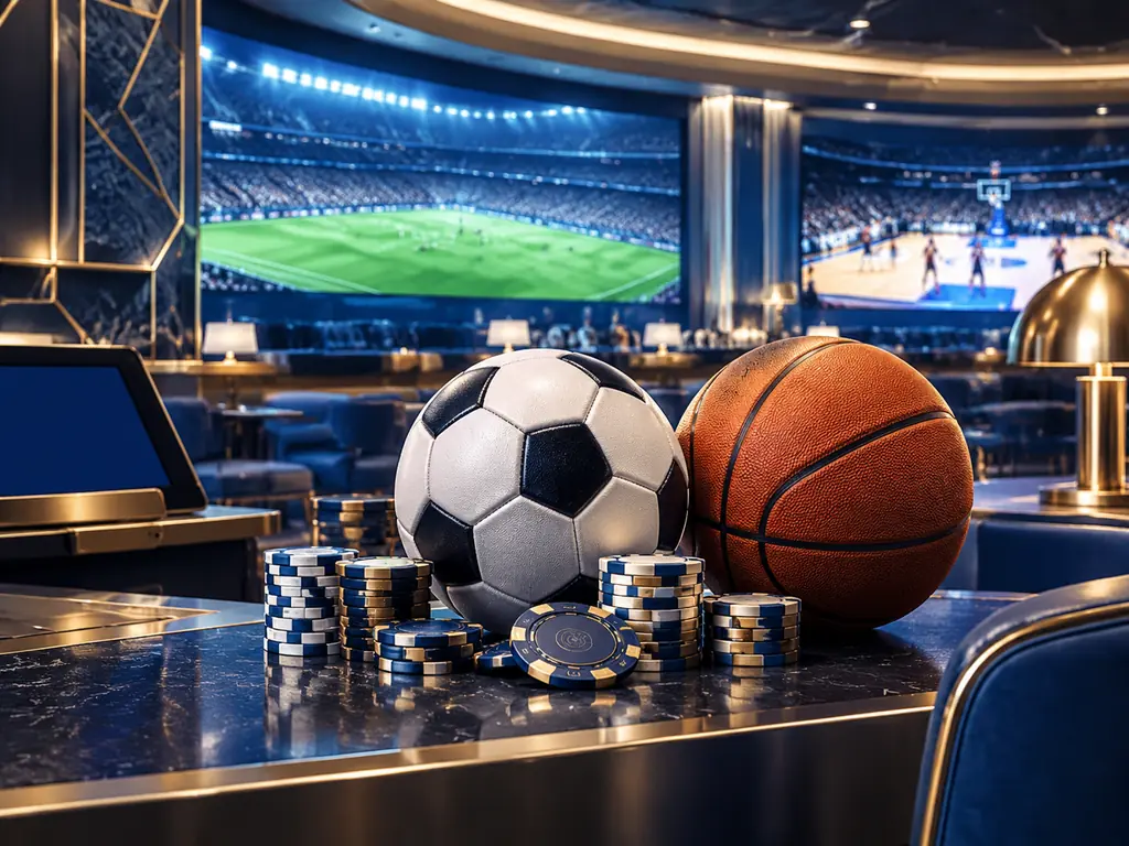 Ilustrasi ruang sportsbook kasino dengan layar sepak bola dan bola basket